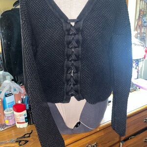 Black Knit Sweater with Lace-Up Detail